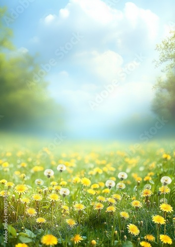 Lush Green Meadow with Dandelions Blue Sky and Fluffy Clouds in Spring