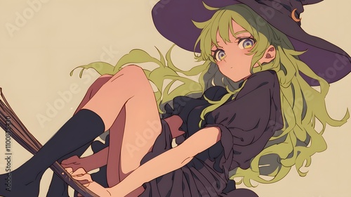 Cute anime-style witch, whimsical and storybook-inspired character. photo