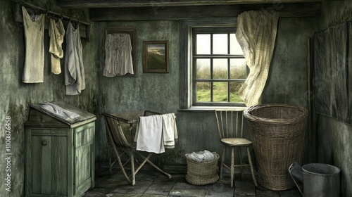 Rustic Laundry Room Interior Vintage Washday Scene photo