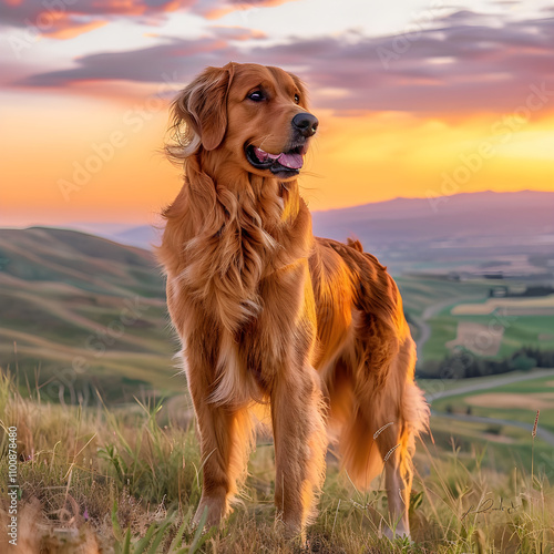 Serene Sunset with Loyal Golden Retriever on a Grassy Hill photo