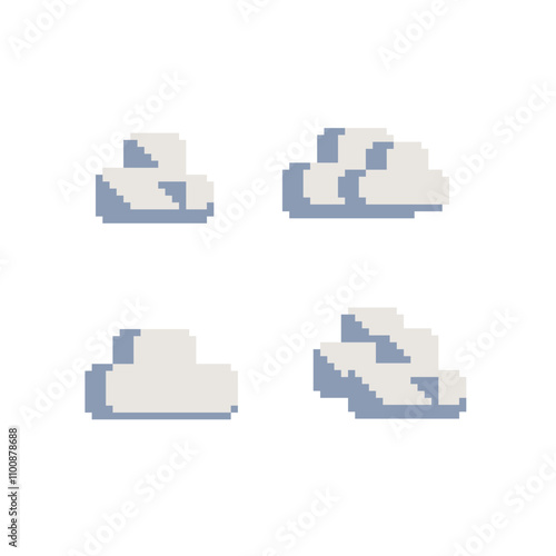Clouds pixel art set isolated vector illustration, Weather symbols, 8-bit video game sprite. Design for mobile app, sticker, logo. Game assets 8-bit. Isolated vector.