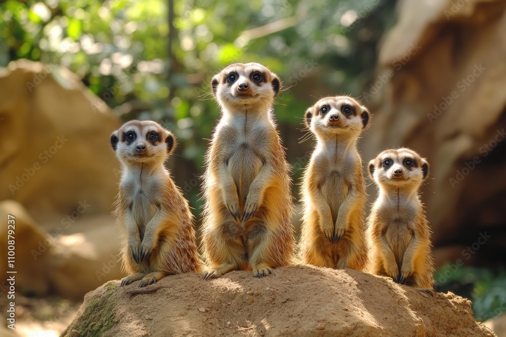 Fototapeta premium Four meerkats stand on a rock, looking up with curious expressions. They are surrounded by green vegetation.