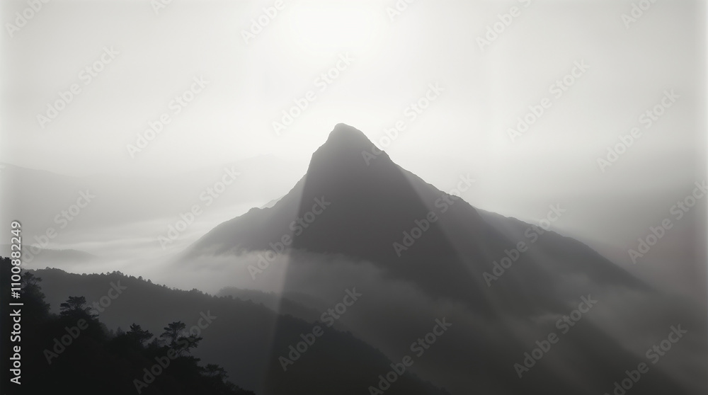 Fototapeta premium Majestic Mountain Peak Emerges Through Morning Fog with Golden Sunlight Breaking Through