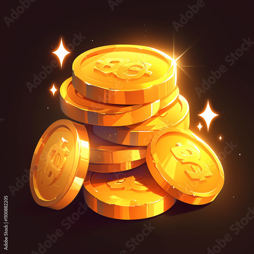 Sparkling Smiley Coin Pile with Star Effects - Premium Game Currency Asset with Happy Face and Golden Stack photo