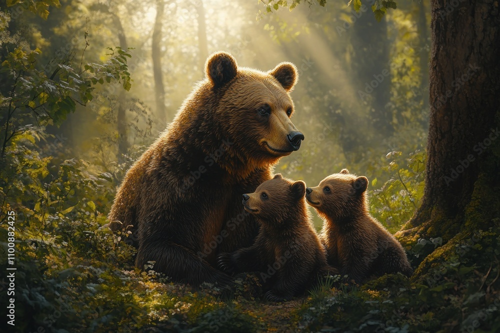 Obraz premium A brown bear mother and her two cubs sit together in a sunlit forest clearing.