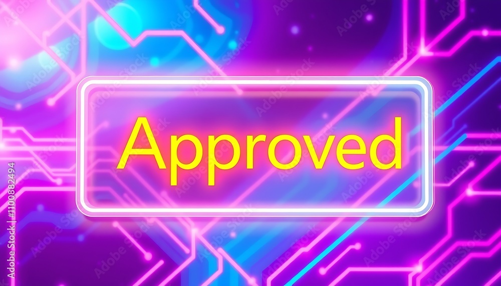 Obraz premium Neon-Glowing Approved Technology Sign in a Futuristic Digital Setting