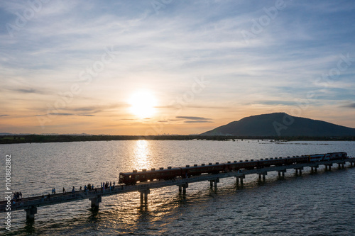 Floating train on Pa Sak Cholasit Dam is the unseen trip in twilght time at Lopburi : Thailand photo