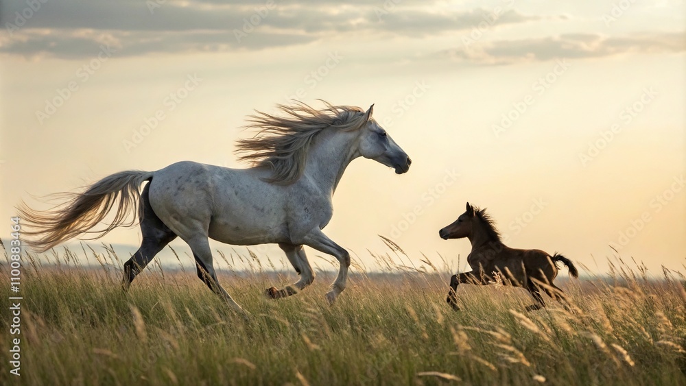 Fototapeta premium A majestic horse with a foal prances through the tall grass mane flowing freely, horse, landscape, freedom, foal, mane