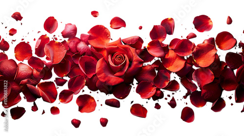 Scattered red rose petals on a white background with a prominent red rose in the center.