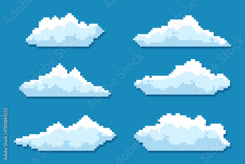 illustration set of retro pixel art cloud icon, blank cloud pixelated on blue background