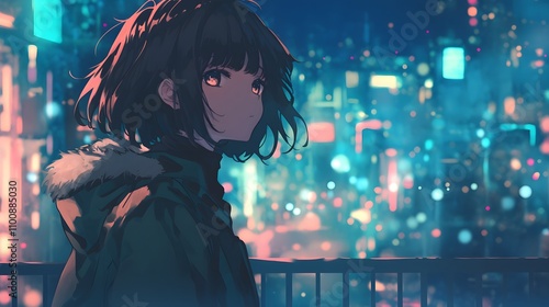 Lofi anime girl gazing out from a balcony at night city lights, introspective and calm ambiance photo