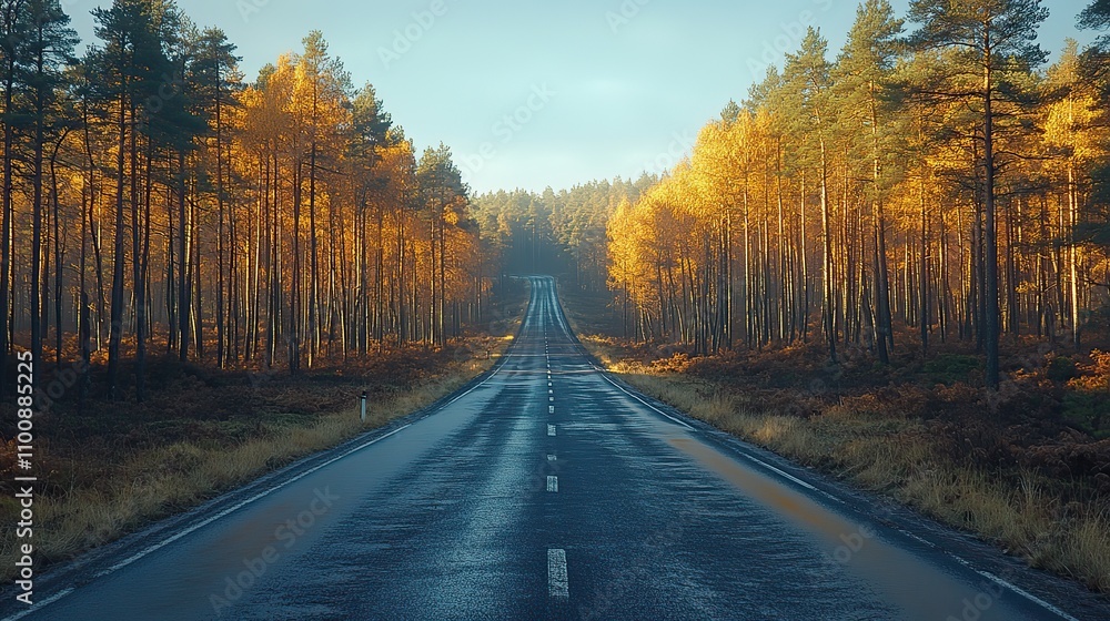 Fototapeta premium A road passes through a forest affected by tree dieback, illustrating the consequences of environmental changes.