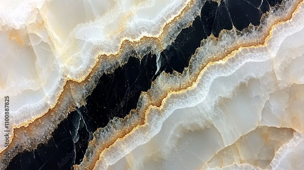 Fototapeta premium A close-up of a beautiful layered stone, featuring white, black, and gold striations, showcasing natural patterns and textures.