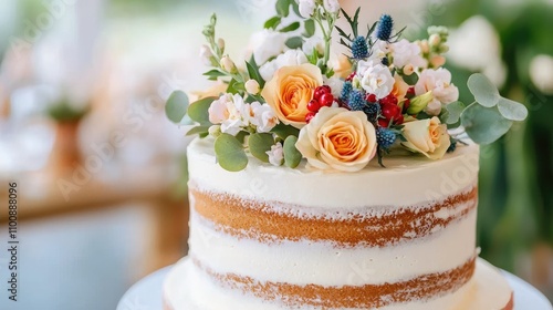 Elegant Wedding Cake Decorated with Fresh Flowers, Including Roses and Eucalyptus, Perfect for Celebrations and Special Occasions in a Beautiful Setting