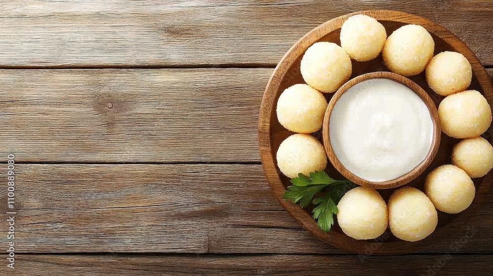 Creamy sauce with golden fried cheese balls on wood Creamy sauce with golden fried cheese balls on wood