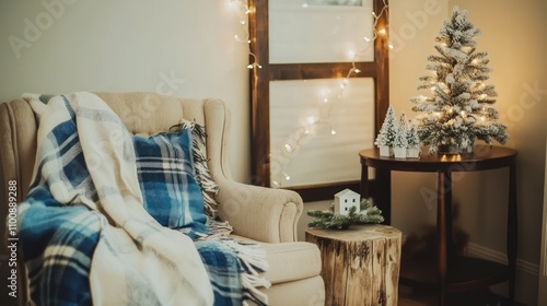 Winter and Christmas interior scene in hygge style, holidays home decor, cozy resting nook with armchair, cushions and tartan plaid, retro vintagy aesthetic, AI generated image photo