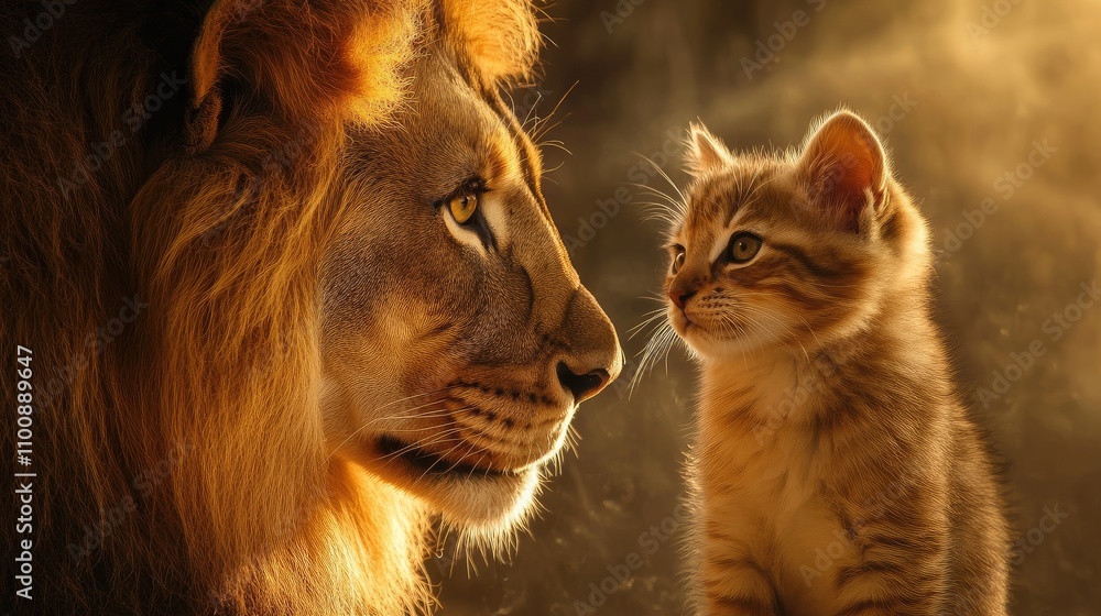 Fototapeta premium Majestic Lion Stares At Cute Kitten In A Heartwarming Moment Capturing The Beauty Of Nature And The Bond Between Wild And Domestic Animals