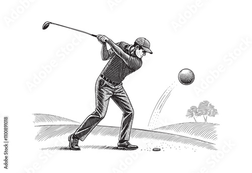 golf golf player Golfer hit sweeping driver after hitting golf ball sketch engraving drawing hand drawn vector illustration