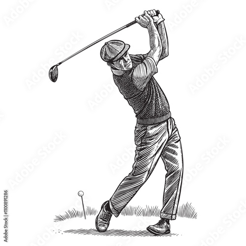 golf player Golfer hit sweeping driver after hitting golf ball sketch engraving drawing hand drawn vector illustration