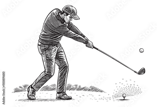 golf player Golfer hit sweeping driver after hitting golf ball sketch engraving drawing hand drawn vector illustration