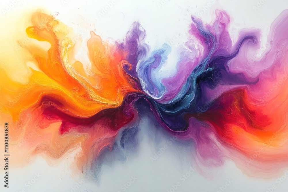 Fototapeta premium Abstract art with vibrant colors of orange, red, purple, and blue blending and flowing on a white background.