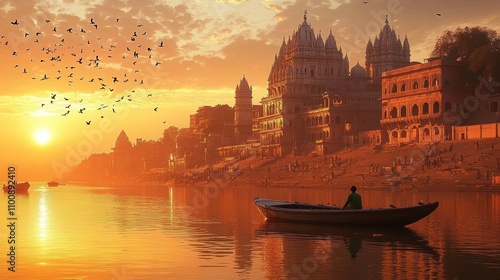 Serene Sunset on Ganges River Varanasi with Boatman and Majestic Ghats photo