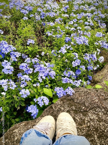 A nature photo with a person's shoes sitting on a rock enjoying the view.