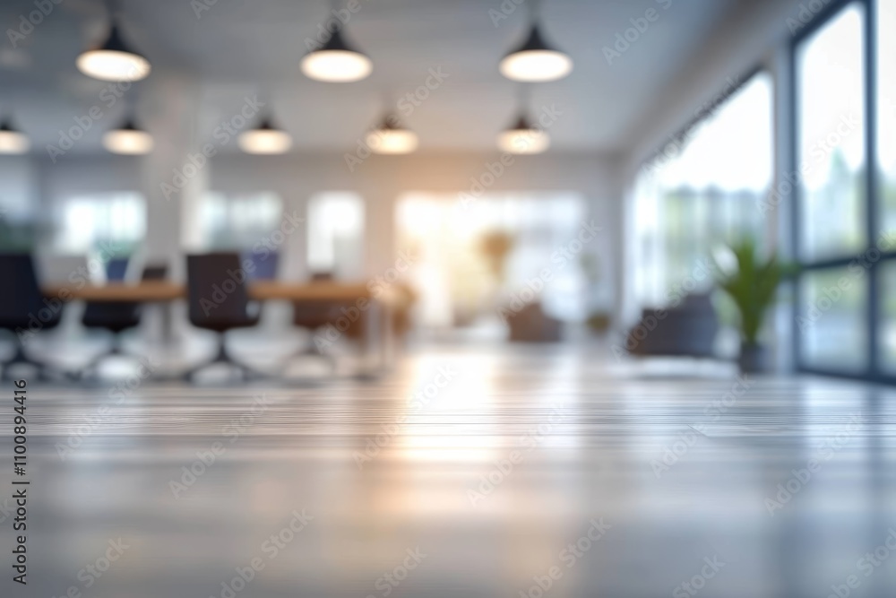 Fototapeta premium Modern Office Interior Blurred Background with Large Windows Minimalistic Furniture and Bright Lighting