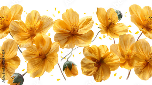 High-resolution illustration of a hand-drawn yellow cosmos flower in horizontal alignment, showcasing detailed petals and stamens on a white background to emphasize its vibrant color.