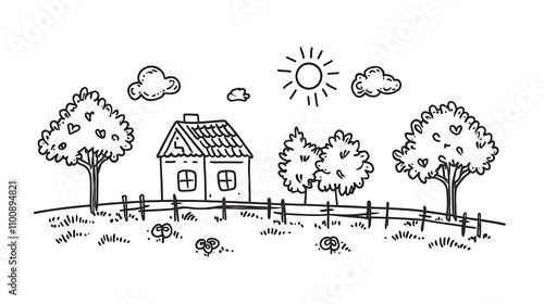 Cute children’s drawing with black outlines of a house, trees, sun, clouds, and fence on a white background