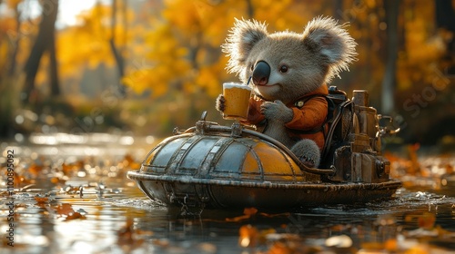Koala Enjoying Autumnal Drink on Futuristic Boat