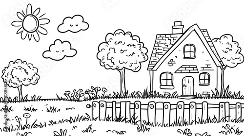 Playful black outline drawing of a house, trees, sun, clouds, and fence in a children’s style; on a white background