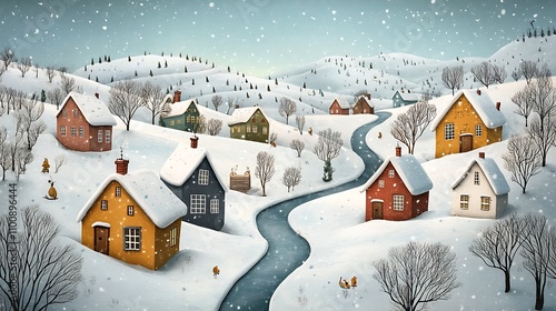 A scenic winter landscape of a snowy village with colorful houses, a winding path leading through snow-covered fields, and a backdrop of distant hills  photo