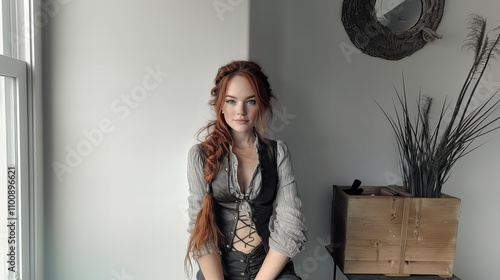 Fearless female pirate with auburn braided hair ready for adventure in a sunlit cabin setting photo