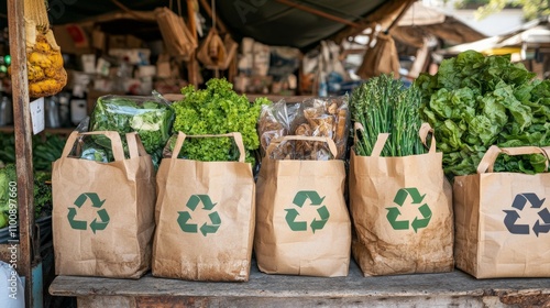 Vibrant Market Stall Showcasing Organic Paper Bags photo