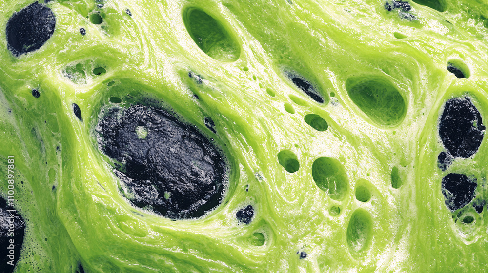 Obraz premium A close-up image showcasing a vibrant green surface with dark, textured holes, revealing a unique and intriguing natural pattern.