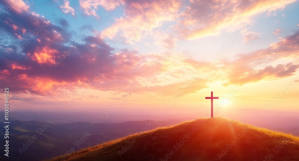 Fototapeta premium Red Cross on Hill at Sunset Sky with Clouds