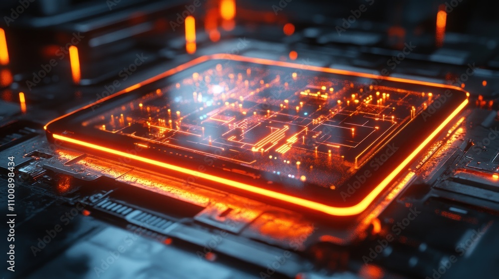 Obraz premium Close-up of a futuristic computer chip with glowing orange circuits and a white light in the center.