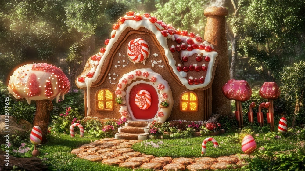 Enchanting Gingerbread House in a Candy Cane Forest Enchanting Gingerbread House in a Candy Cane Forest