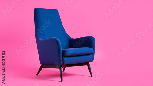 a sleek, modern armchair set against a vibrant pink backdrop. The chair is upholstered in deep, rich blue fabric, featuring a high backrest and armrests that exude comfort and sophistication.