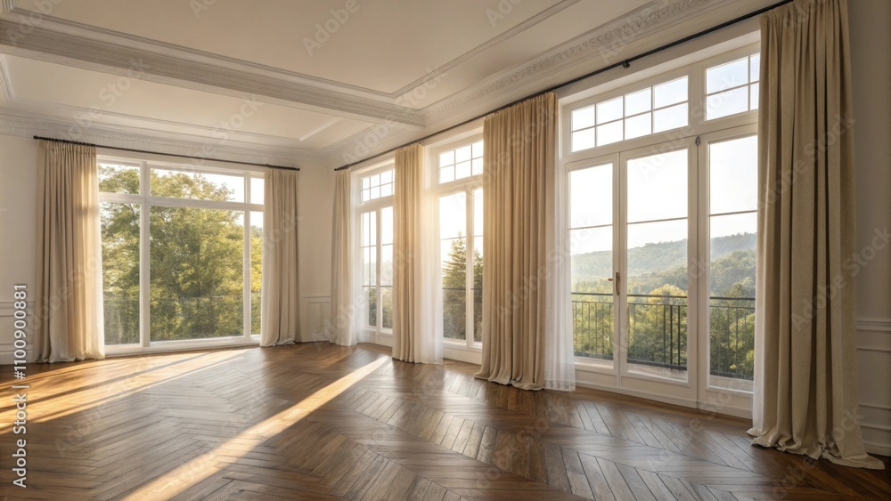 Fototapeta premium Natural light floods in through large windows dressed with simple linen curtains illuminating the rich textures of the hardwood flooring and enhancing the rooms tranquil ambiance.