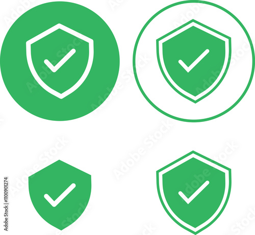 Shield with check mark icon set or security shield protection icon with tick symbol