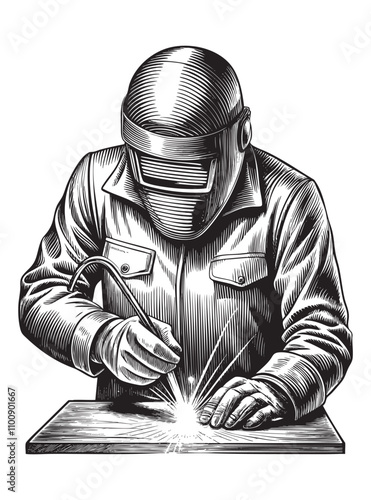 Welder welds metal  sketch engraving drawing hand drawn vector illustration