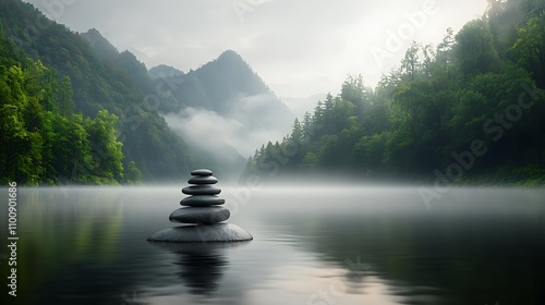 Calm river flowing over smooth stones in the early morning light, mist rising from the surface, embodying the continuous forward movement of water and time Ultra-Realistic, Photo Realistic 
