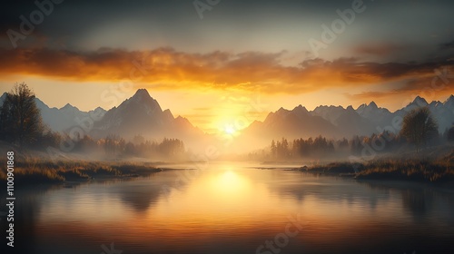 Wallpaper Mural Sunset over a tranquil river, golden rays reflecting on the water, distant mountains creating a peaceful backdrop, capturing the concept of time and life moving forward Ultra-Realistic, Photo  Torontodigital.ca