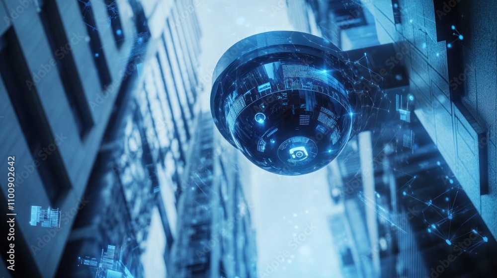 Fototapeta premium Futuristic CCTV camera on city building, digital network data.