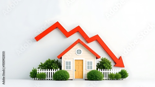 Falling interest rates and mortgage home prices declining as housing borrowing costs lowering due to reverse inflation or deflation and financial recession change concept