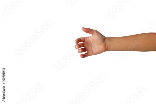 Hand of boy gesturing holding a glass of water on white background