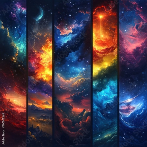 A series of five abstract space landscapes with swirling clouds of gas and dust in various colors, including red, orange, yellow, blue, and purple. photo