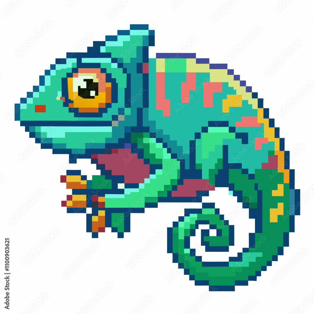Fototapeta premium Colorful Pixel Art Chameleon Illustration on White Background